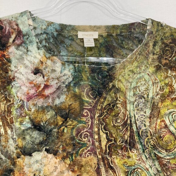 Chico's size XL/3 Green Brown Floral Split Neck Mesh Stretch Artsy Boho Blouse - Picture 3 of 9